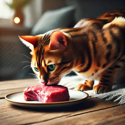 Image de chat bengal en train de manger de la viande
